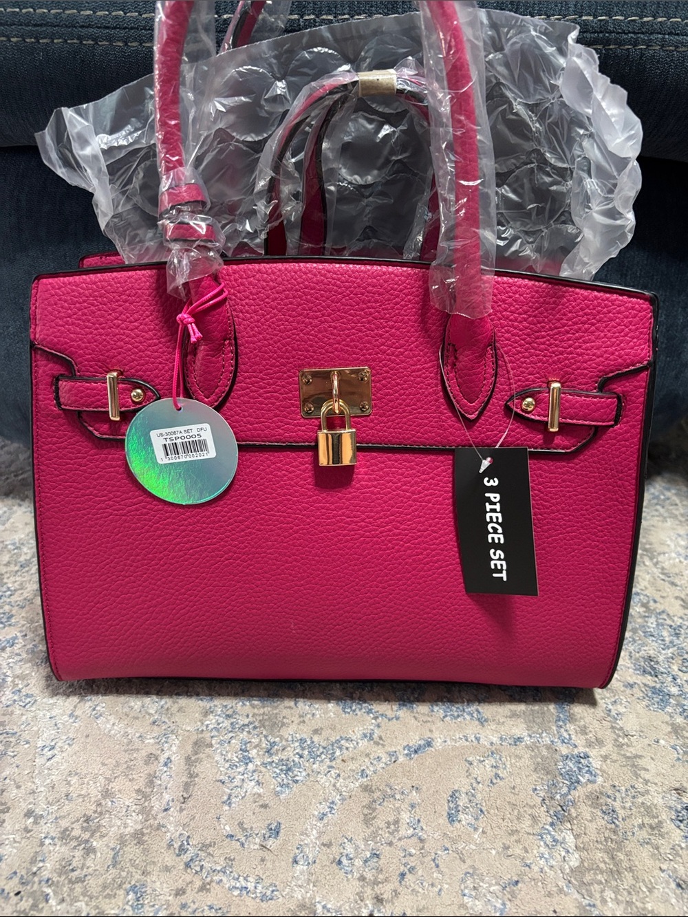 Structured Pink Satchel Handbag with Gold Lock Detail